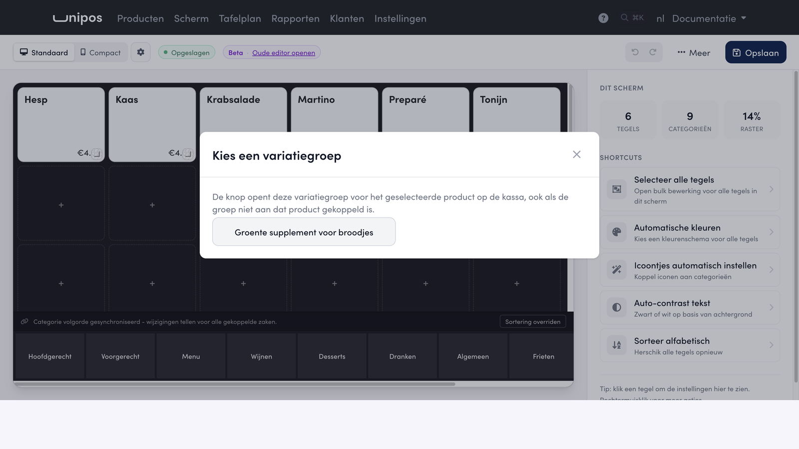 Het venster Kies een variatiegroep met de knop Groente supplement voor broodjes.